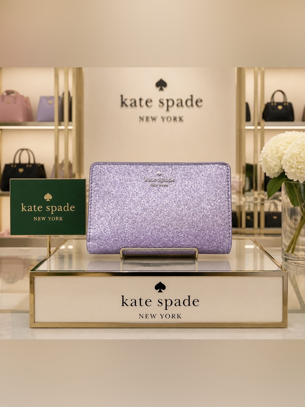Kate Spade NWT Lilac Frost Glitter Tinsel Boxed Medium Bi Fold Wallet